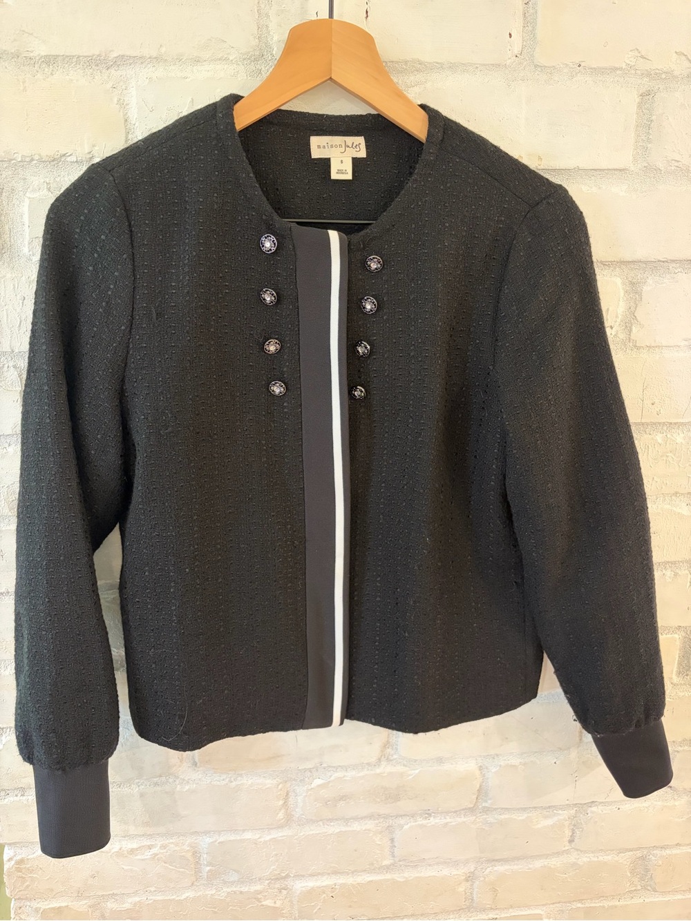 Maison Jules Black Collarless Tweed Jacket with Button Detail (B4)